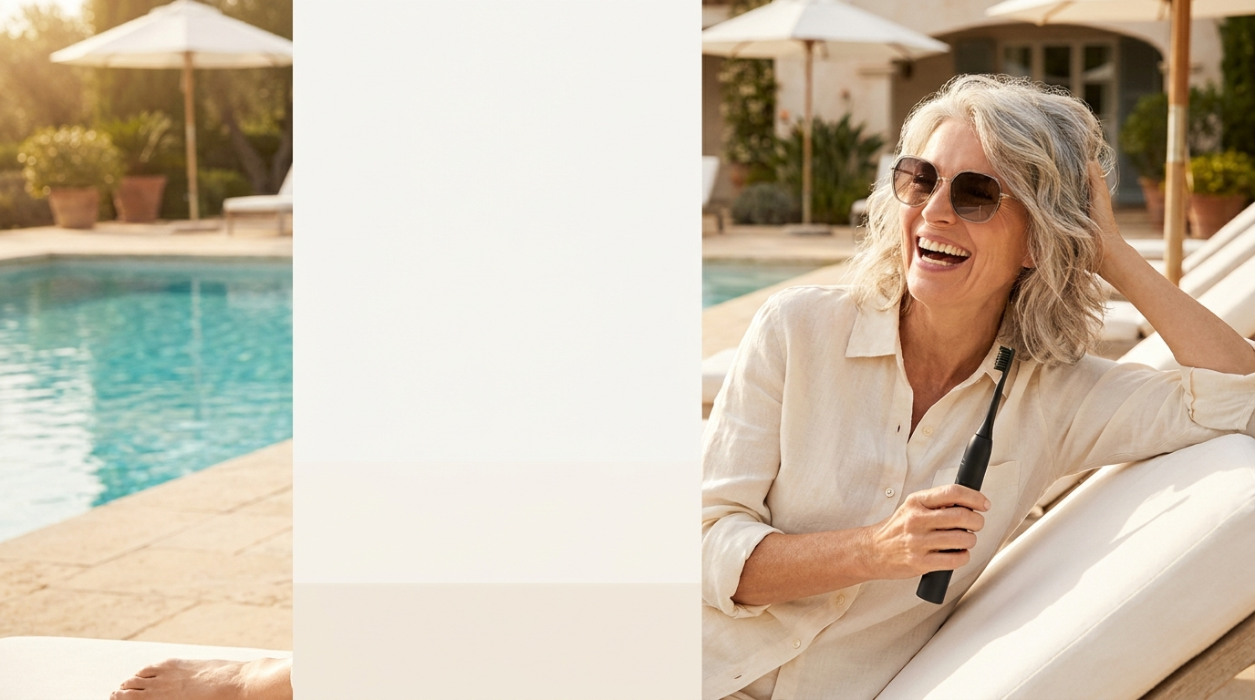 WonderSmile Summer Sale - Frau mit Sonnenbrille am Pool mit Schallzahnbuerste
