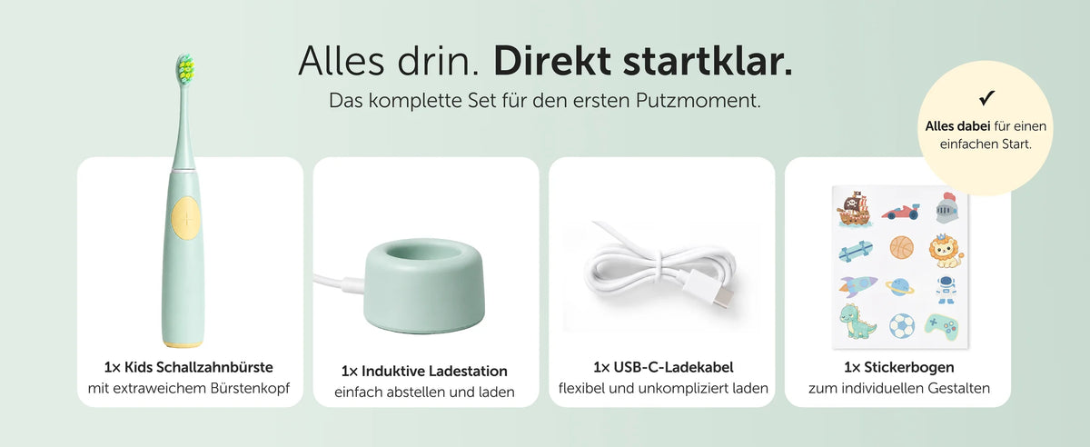 Alles drin. Direkt startklar – Lieferumfang Kids Schallzahnbürste