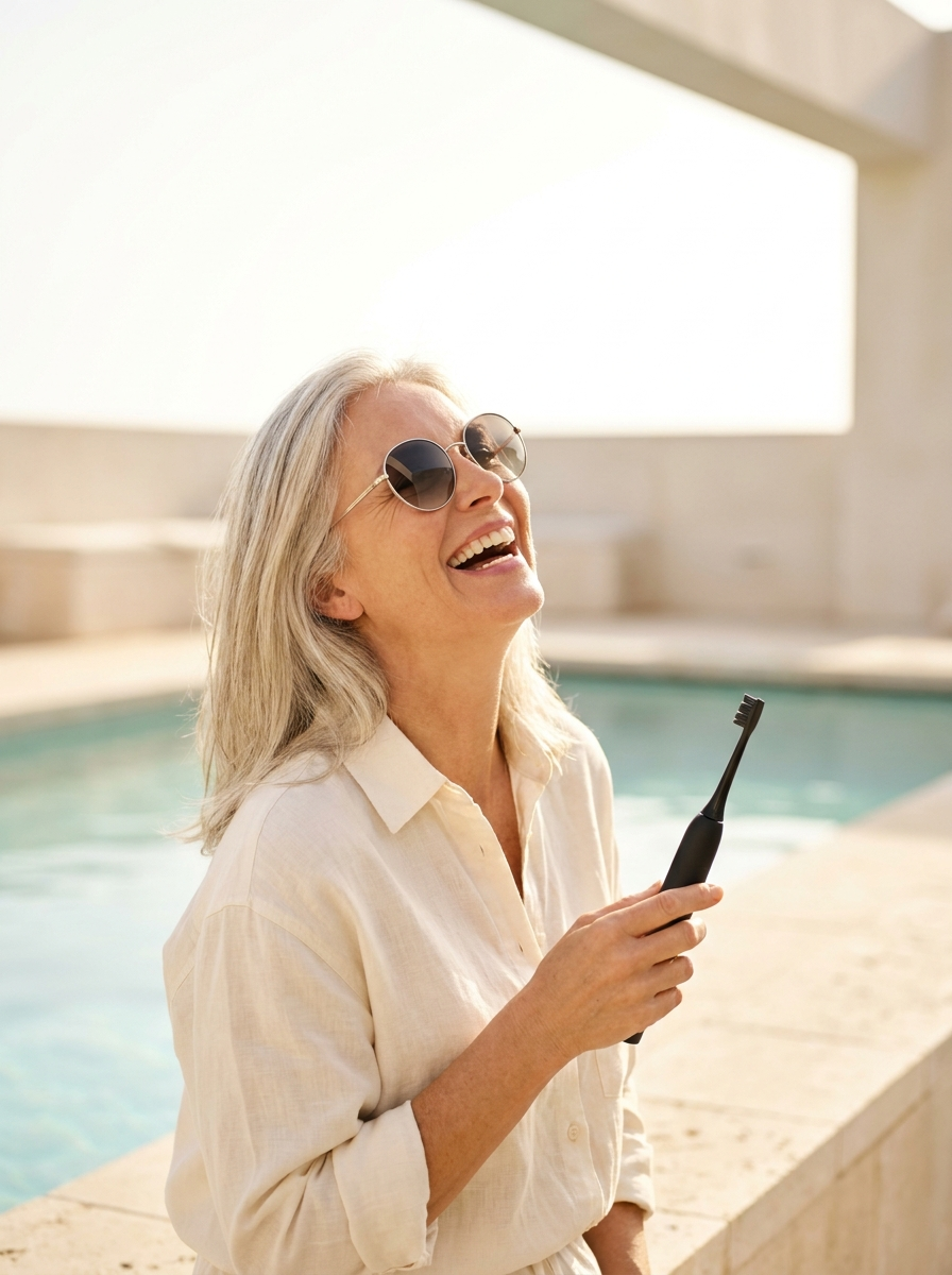 WonderSmile Summer Sale mobil - Frau mit Sonnenbrille am Pool mit Schallzahnbuerste